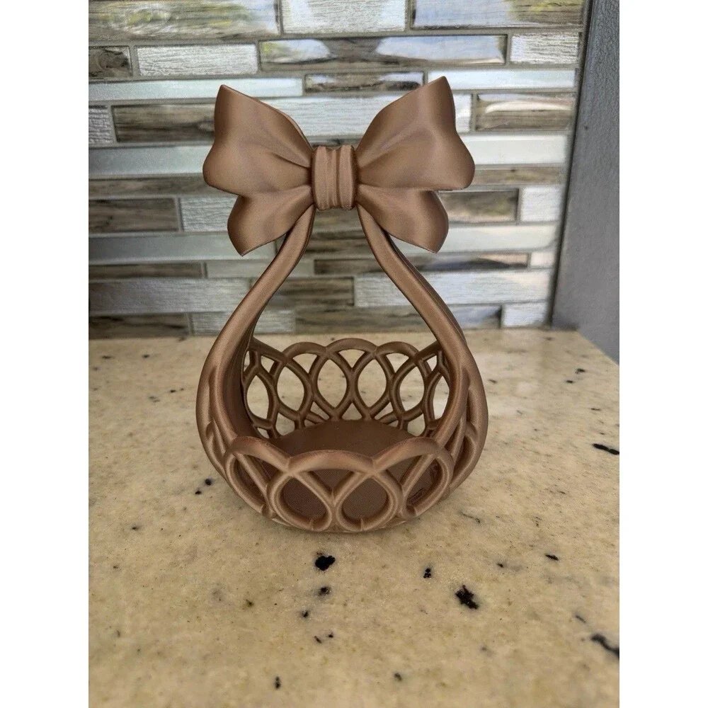 Decorative Bronze Plastic Basket with Bow Ribbon Accent Elegant Home Decor